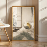 Waterslager Canary Reading in Bed Poster | Japanese Zen Sumi-e Bird Wall Art | Warm Ivory Fog Gray Decor | Minimalist Bedroom Print