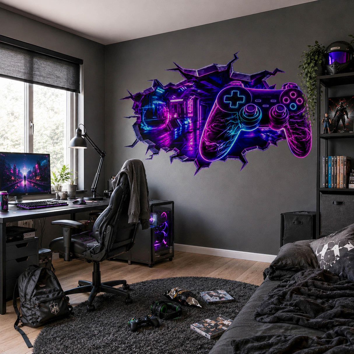 Gaming Wall Vinyl Decal | Neon Controller Broken Wall Illusion Sticker | Gamer Room LED Arcade Wall Art | Teen Bedroom Decor
