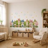 Watercolor Village Houses Wall Vinyl Decal | Cute Cottage Town Sticker | Nursery Kids Room Wall Art | Pastel Home Street Decor