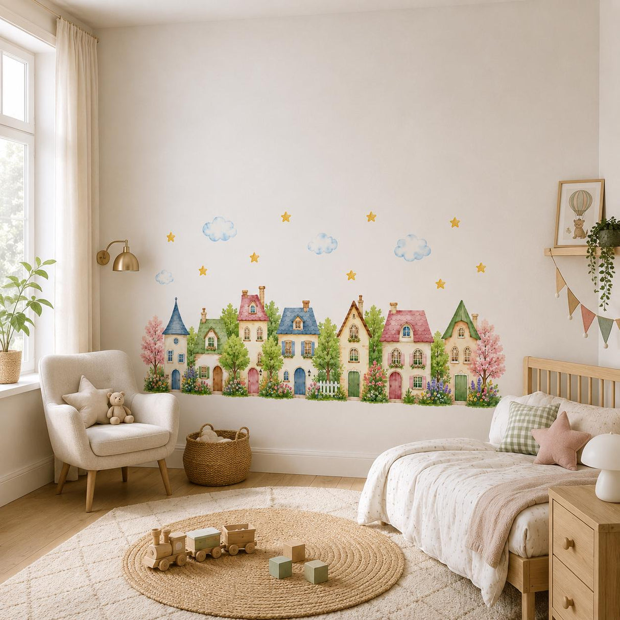 Watercolor Village Houses Wall Vinyl Decal | Cute Cottage Town Sticker | Nursery Kids Room Wall Art | Pastel Home Street Decor