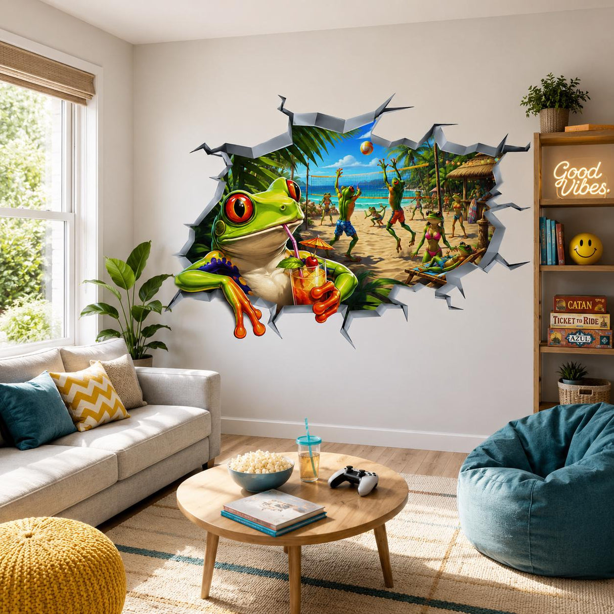 Weird Frog Beach Wall Vinyl Decal | 3D Broken Wall Illusion Sticker | Funny Tropical Volleyball Scene | Gamer Teen Room Decor