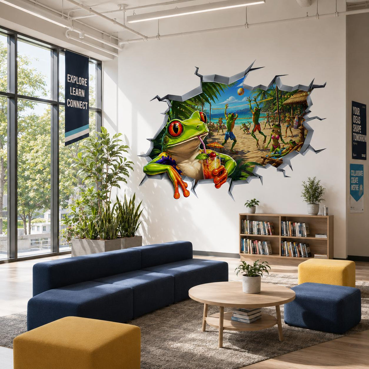 Weird Frog Beach Wall Vinyl Decal | 3D Broken Wall Illusion Sticker | Funny Tropical Volleyball Scene | Gamer Teen Room Decor