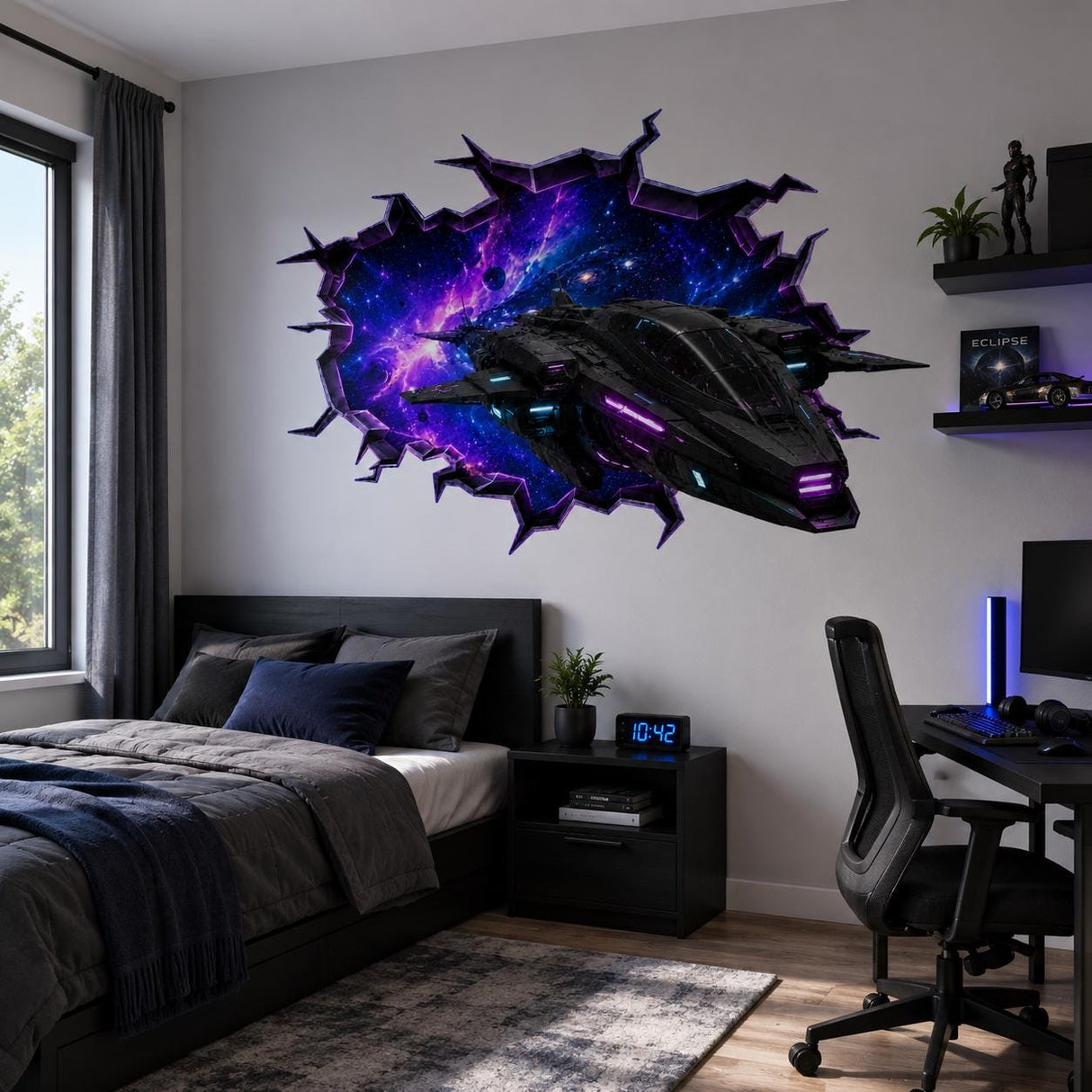 Spaceship Wall Vinyl Decal | Neon Galaxy Broken Wall Illusion Sticker | Sci Fi Space Fighter Wall Art | Gamer Teen Room Decor