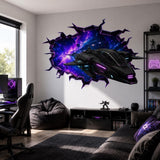 Spaceship Wall Vinyl Decal | Neon Galaxy Broken Wall Illusion Sticker | Sci Fi Space Fighter Wall Art | Gamer Teen Room Decor