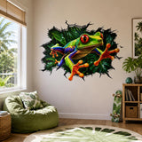 Weird Frog Wall Vinyl Decal | Broken Wall Illusion Sticker | Colorful Jungle Tree Frog Wall Art | Funny Tropical Room Decor