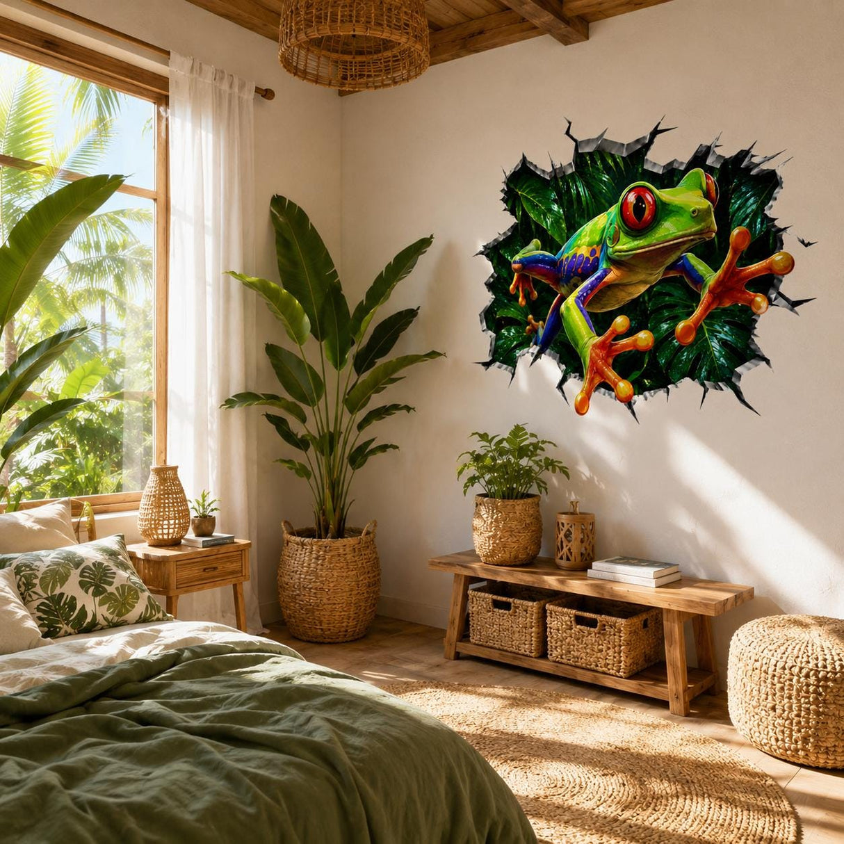 Weird Frog Wall Vinyl Decal | Broken Wall Illusion Sticker | Colorful Jungle Tree Frog Wall Art | Funny Tropical Room Decor