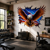 Bald Eagle Wall Vinyl Decal | American Flag Broken Wall Illusion Sticker | Patriotic USA Wall Art | Man Cave Garage Office Decor