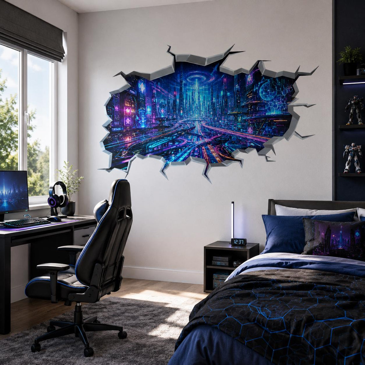 Cyberpunk City Wall Vinyl Decal | Neon Futuristic Broken Wall Illusion Sticker | Gamer Room LED Wall Art | Sci Fi Bedroom Decor
