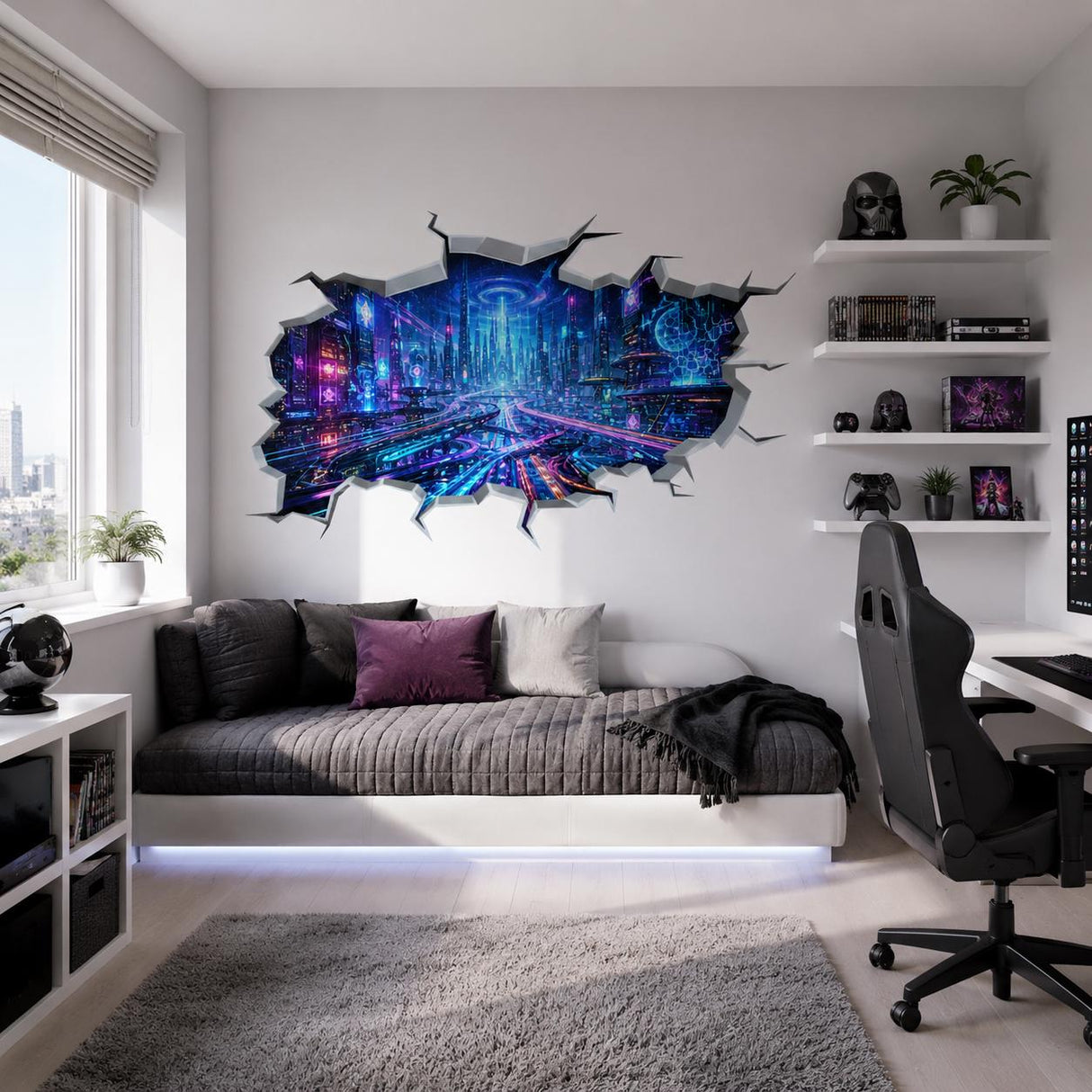 Cyberpunk City Wall Vinyl Decal | Neon Futuristic Broken Wall Illusion Sticker | Gamer Room LED Wall Art | Sci Fi Bedroom Decor