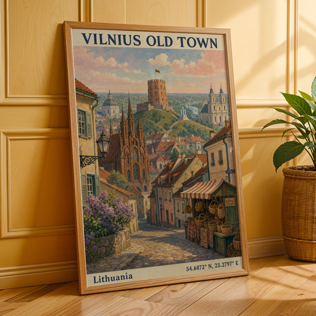 Vilnius Old Town Art Print - Modern Gouache-Vintage, Navy Blue and Terracotta Orange
