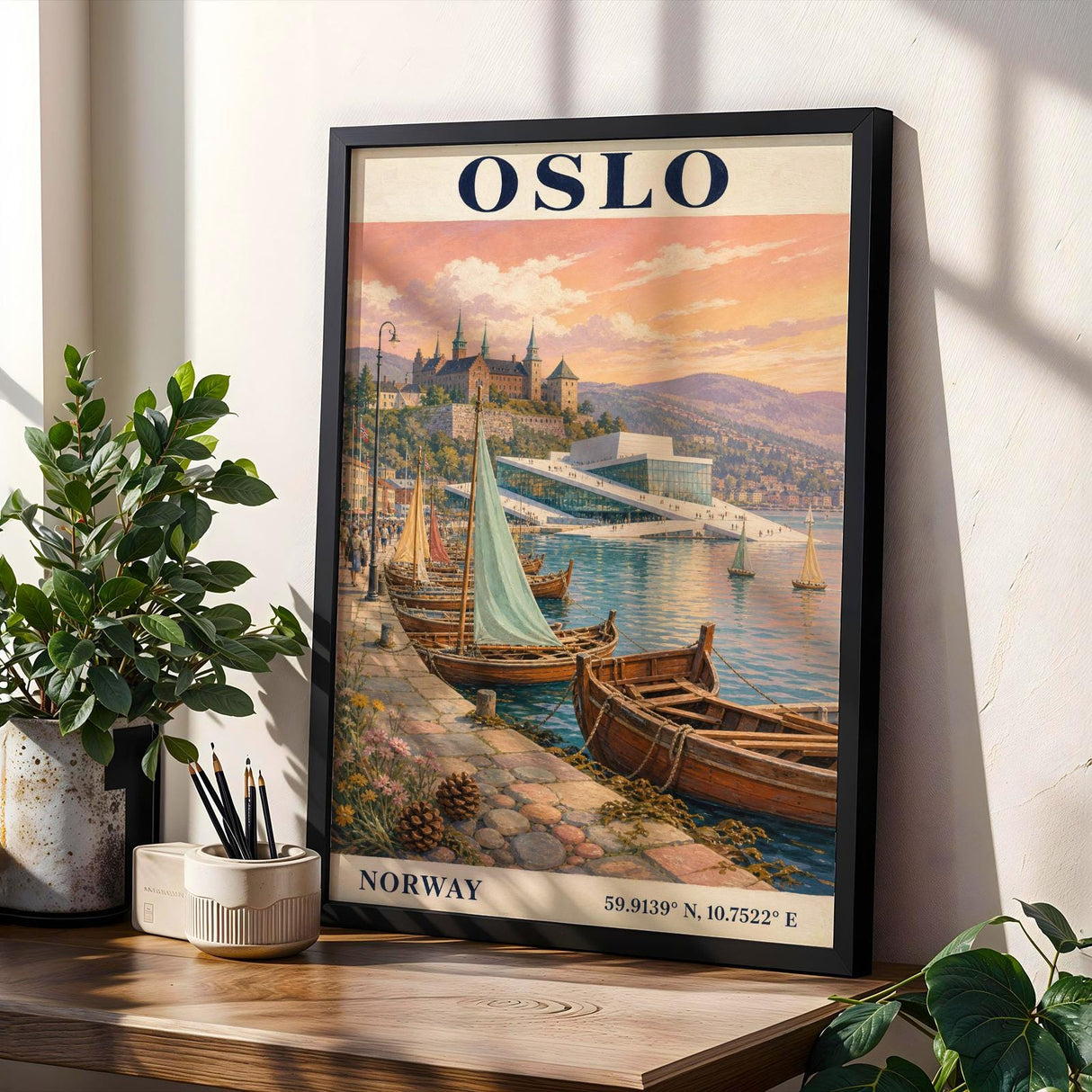Oslo Harbor Travel Poster | Vintage Norway Wall Art Print | Navy Blue Cream Sailboat Cityscape | Scandinavian Coastal Decor | Travel Gift