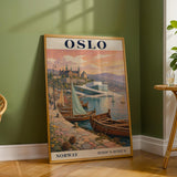 Oslo Harbor Travel Poster | Vintage Norway Wall Art Print | Navy Blue Cream Sailboat Cityscape | Scandinavian Coastal Decor | Travel Gift