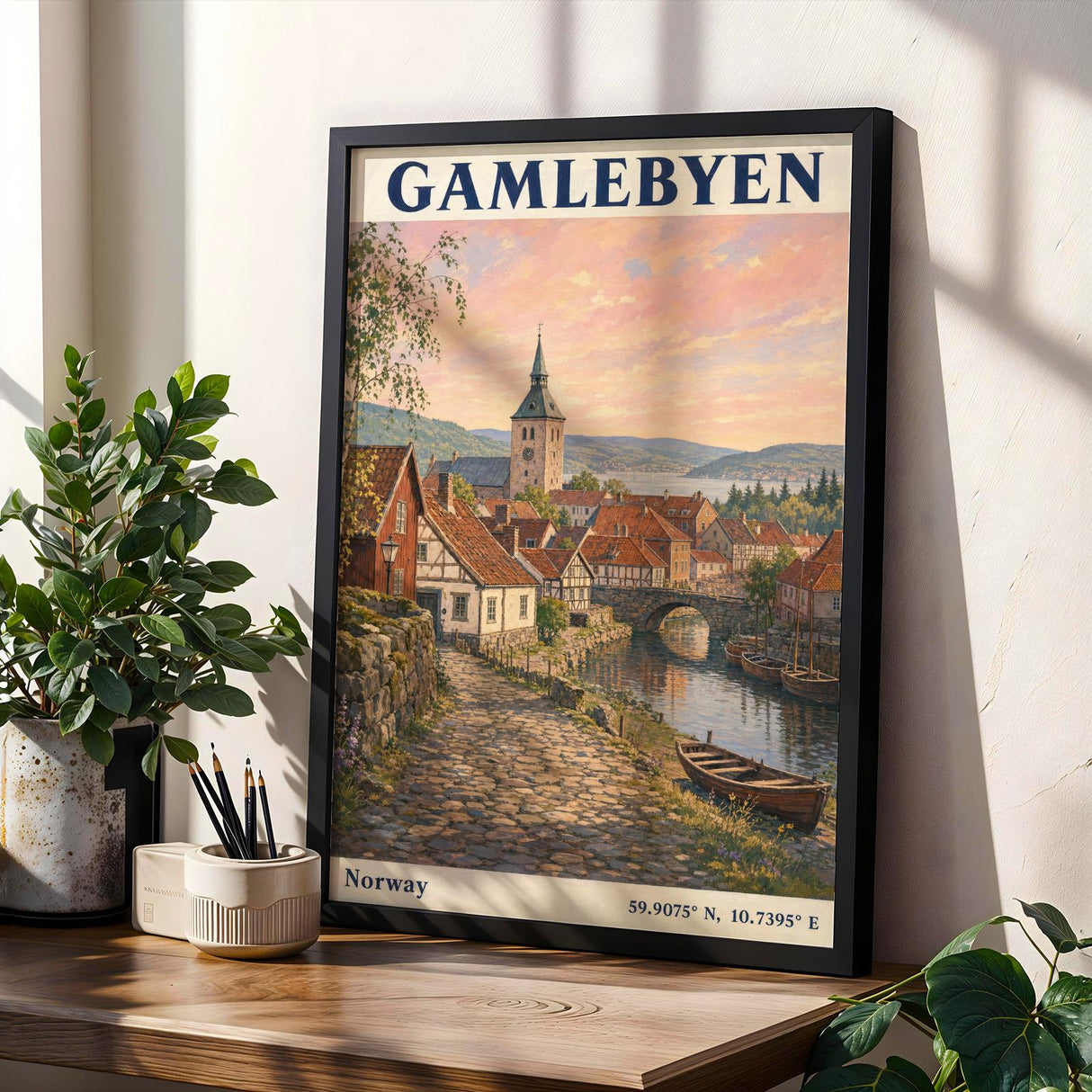 Gamlebyen Oslo Travel Poster | Vintage Norway Wall Art Print | Peach Blue River Cityscape | Church Tower Terracotta Roofs Decor