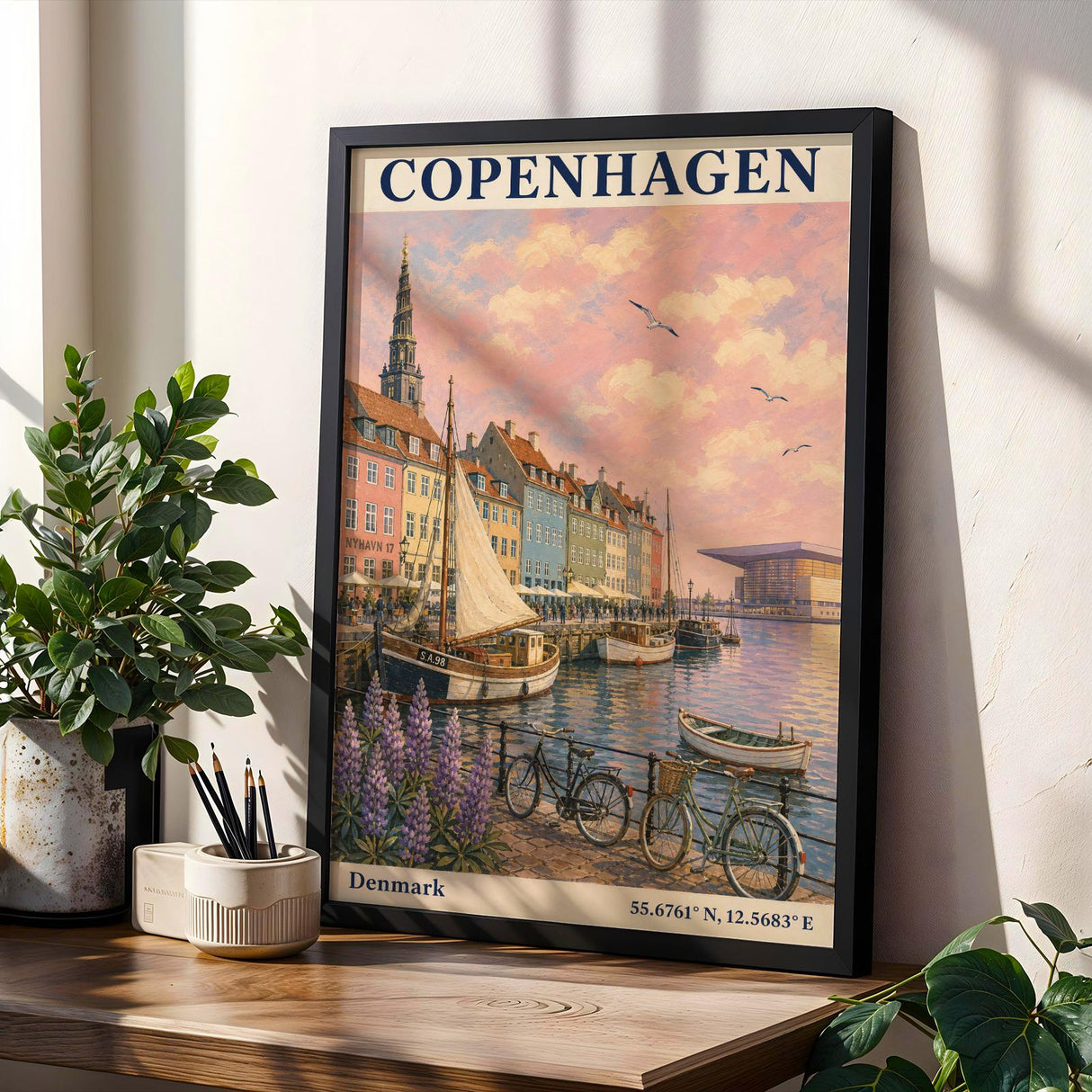 Copenhagen Harbor Travel Poster | Vintage Denmark Wall Art Print | Navy Cream Waterfront Cityscape | Scandinavian Coastal Decor