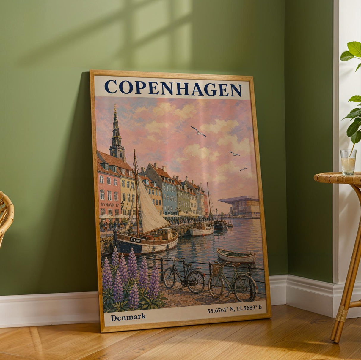 Copenhagen Harbor Travel Poster | Vintage Denmark Wall Art Print | Navy Cream Waterfront Cityscape | Scandinavian Coastal Decor