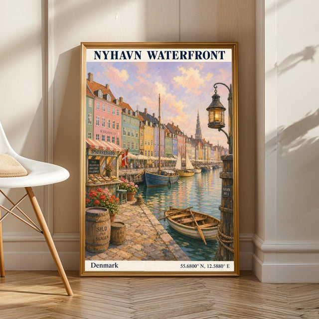 Nyhavn Copenhagen Travel Poster | Modern Denmark Wall Art Print | Navy Blue Waterfront Cityscape | Scandinavian Harbor Decor