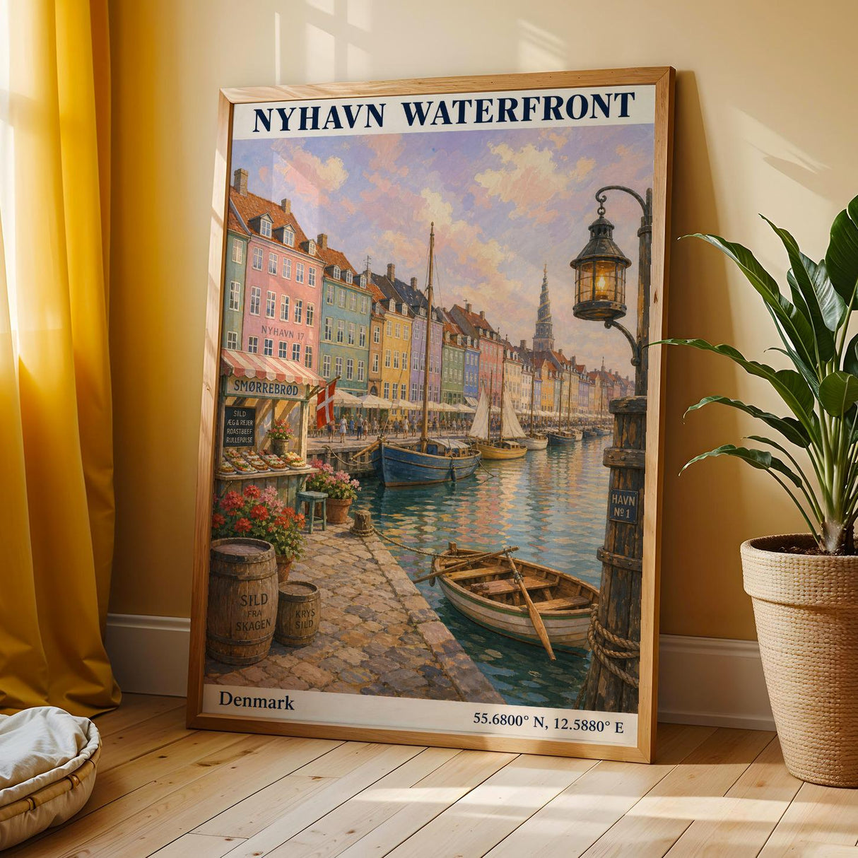 Nyhavn Copenhagen Travel Poster | Modern Denmark Wall Art Print | Navy Blue Waterfront Cityscape | Scandinavian Harbor Decor