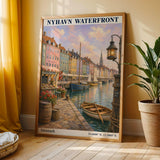 Nyhavn Copenhagen Travel Poster | Modern Denmark Wall Art Print | Navy Blue Waterfront Cityscape | Scandinavian Harbor Decor
