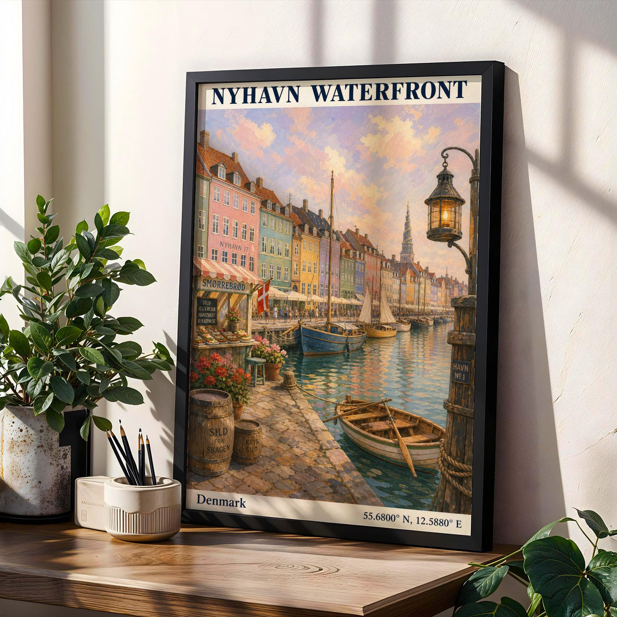 Nyhavn Copenhagen Travel Poster | Modern Denmark Wall Art Print | Navy Blue Waterfront Cityscape | Scandinavian Harbor Decor