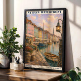 Nyhavn Copenhagen Travel Poster | Modern Denmark Wall Art Print | Navy Blue Waterfront Cityscape | Scandinavian Harbor Decor