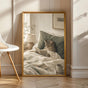 Scandinavian Cat Reading in Bed Poster | Modern Gouache Cat Wall Art | Warm Beige Faded Olive Decor | Cozy Nordic Bedroom Print