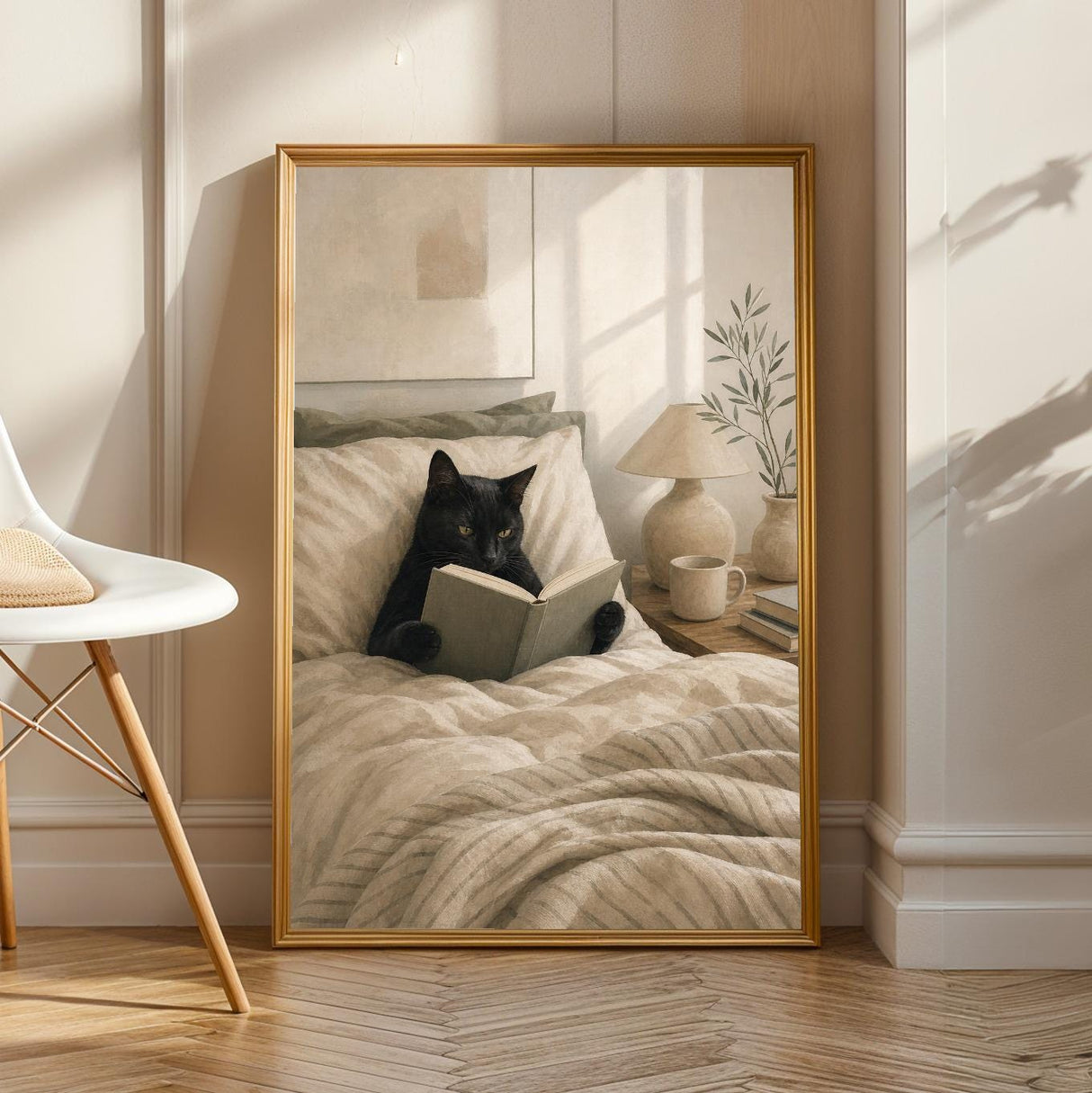 Black Cat Reading in Bed Poster | Modern Minimalist Cat Wall Art | Cozy Bedroom Decor Print | Neutral Contemporary Home Art | Cat Lover Gift