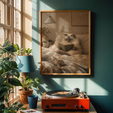 Ragdoll Cat Reading in Bed Poster | Modern Gouache Cat Wall Art | Warm Beige Oat Milk Decor | Cozy Minimalist Bedroom Print | Cat Lover Gift