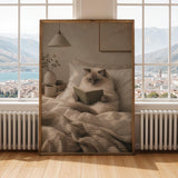 Ragdoll Cat Reading in Bed Poster | Modern Gouache Cat Wall Art | Warm Beige Oat Milk Decor | Cozy Minimalist Bedroom Print | Cat Lover Gift