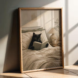 Black Cat Reading in Bed Poster | Modern Minimalist Cat Wall Art | Cozy Bedroom Decor Print | Neutral Contemporary Home Art | Cat Lover Gift