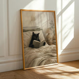 Black Cat Reading in Bed Poster | Modern Minimalist Cat Wall Art | Cozy Bedroom Decor Print | Neutral Contemporary Home Art | Cat Lover Gift