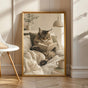 Maine Coon Cat Reading in Bed Poster | Scandinavian Gouache Cat Wall Art | Warm Beige Oat Milk Decor | Cozy Nordic Bedroom Print