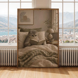 Scottish Fold Cat Reading in Bed Poster | Modern Gouache Cat Wall Art | Warm Beige Oat Milk Decor | Cozy Minimalist Bedroom Print