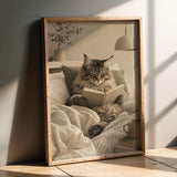 Maine Coon Cat Reading in Bed Poster | Scandinavian Gouache Cat Wall Art | Warm Beige Oat Milk Decor | Cozy Nordic Bedroom Print