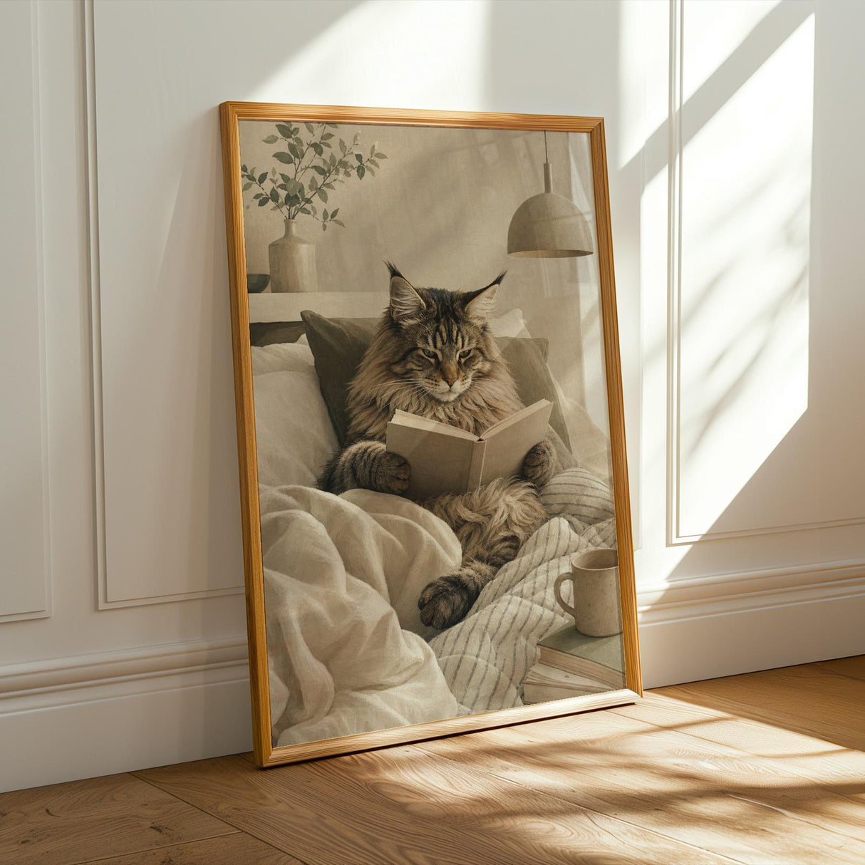 Maine Coon Cat Reading in Bed Poster | Scandinavian Gouache Cat Wall Art | Warm Beige Oat Milk Decor | Cozy Nordic Bedroom Print