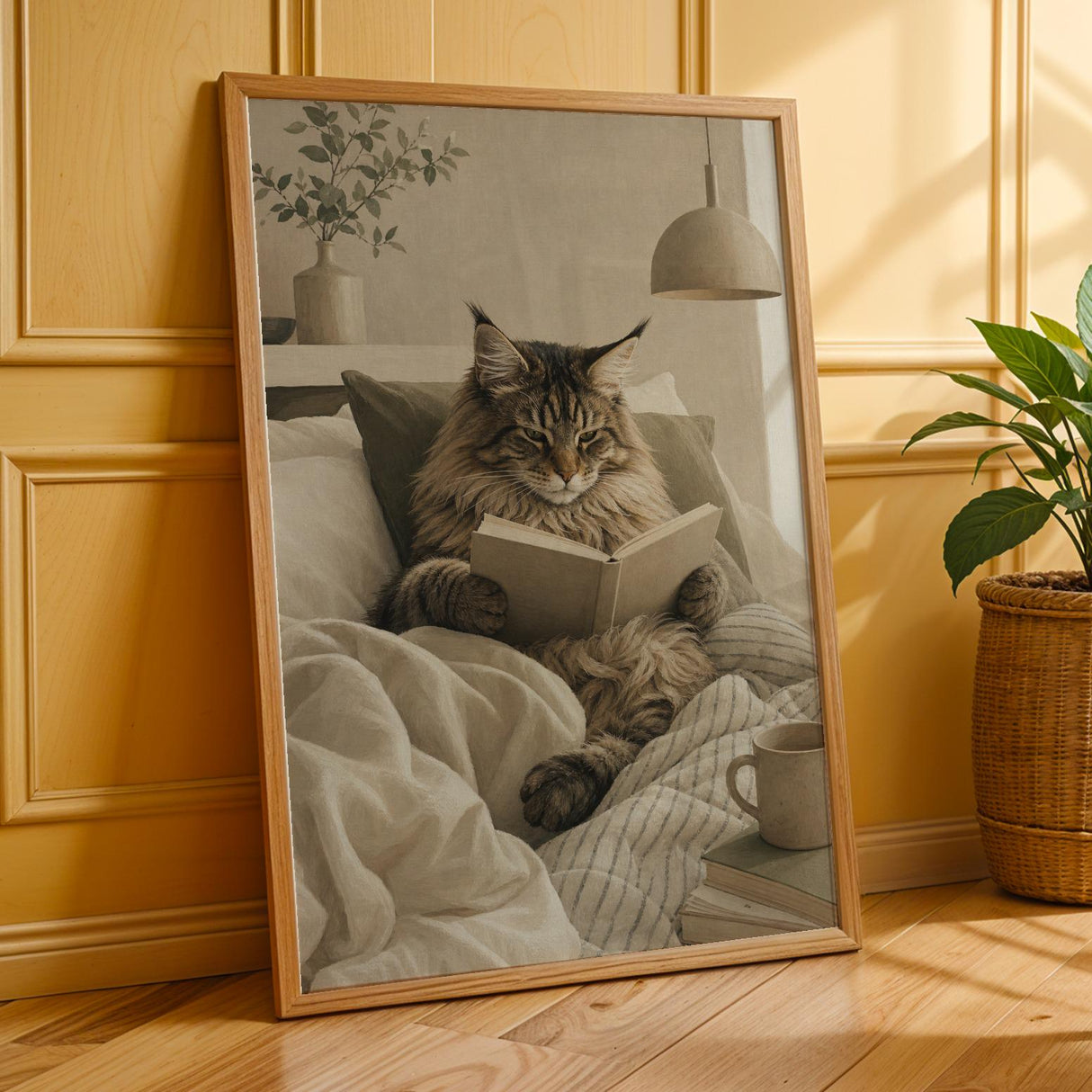 Maine Coon Cat Reading in Bed Poster | Scandinavian Gouache Cat Wall Art | Warm Beige Oat Milk Decor | Cozy Nordic Bedroom Print