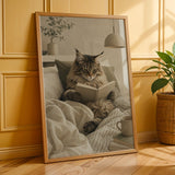 Maine Coon Cat Reading in Bed Poster | Scandinavian Gouache Cat Wall Art | Warm Beige Oat Milk Decor | Cozy Nordic Bedroom Print