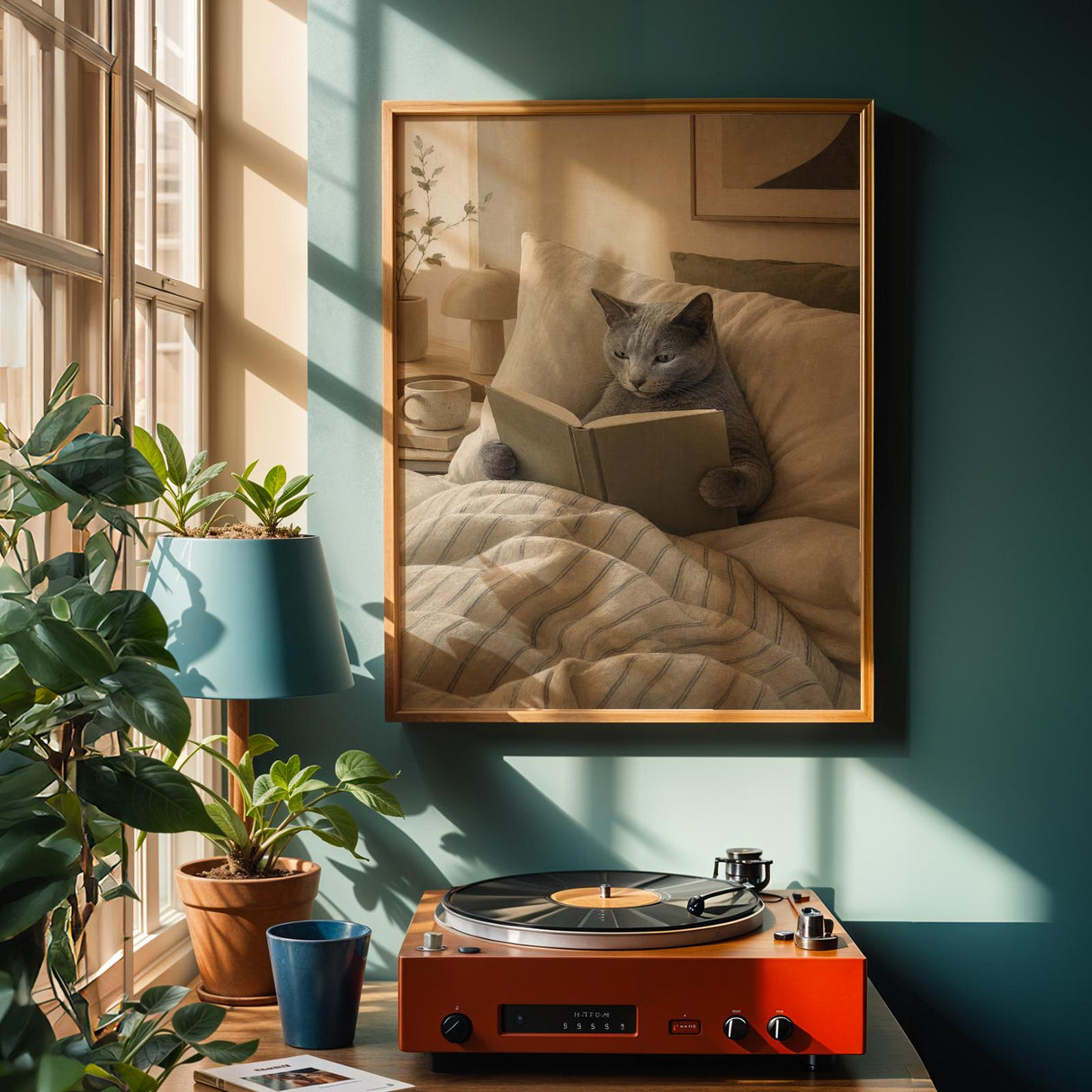 Russian Blue Cat Reading in Bed Poster | Modern Gouache Cat Wall Art | Warm Beige Neutral Decor | Cozy Minimalist Bedroom Print
