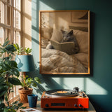 Russian Blue Cat Reading in Bed Poster | Modern Gouache Cat Wall Art | Warm Beige Neutral Decor | Cozy Minimalist Bedroom Print