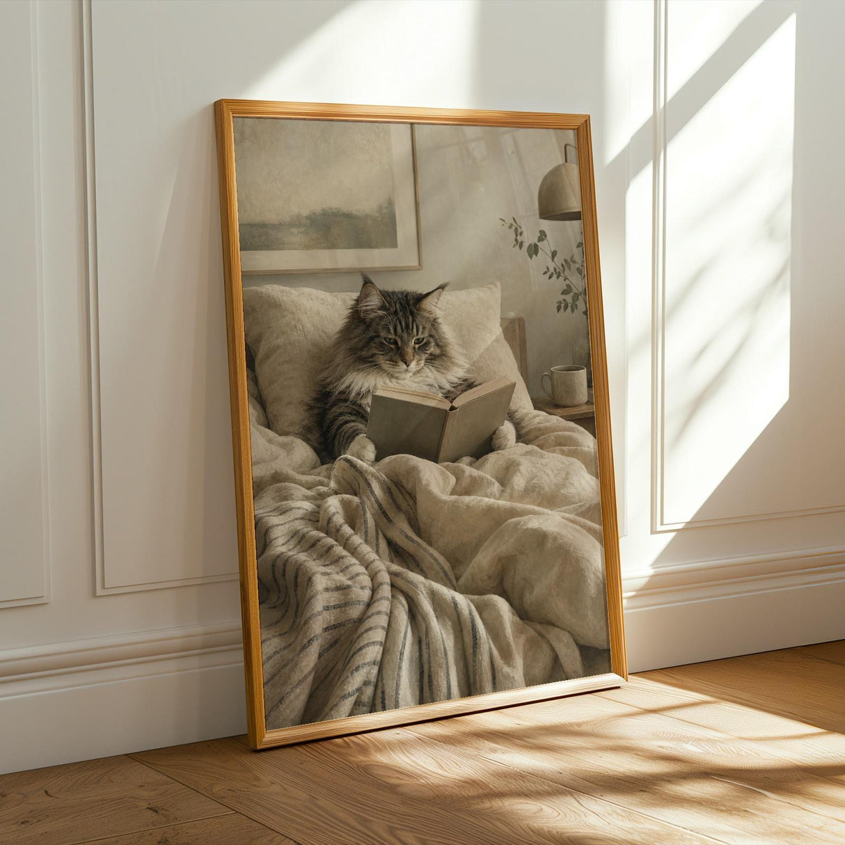Norwegian Forest Cat Reading in Bed Poster | Modern Gouache Cat Wall Art | Warm Beige Charcoal Gray Decor | Cozy Bedroom Reading Nook Print