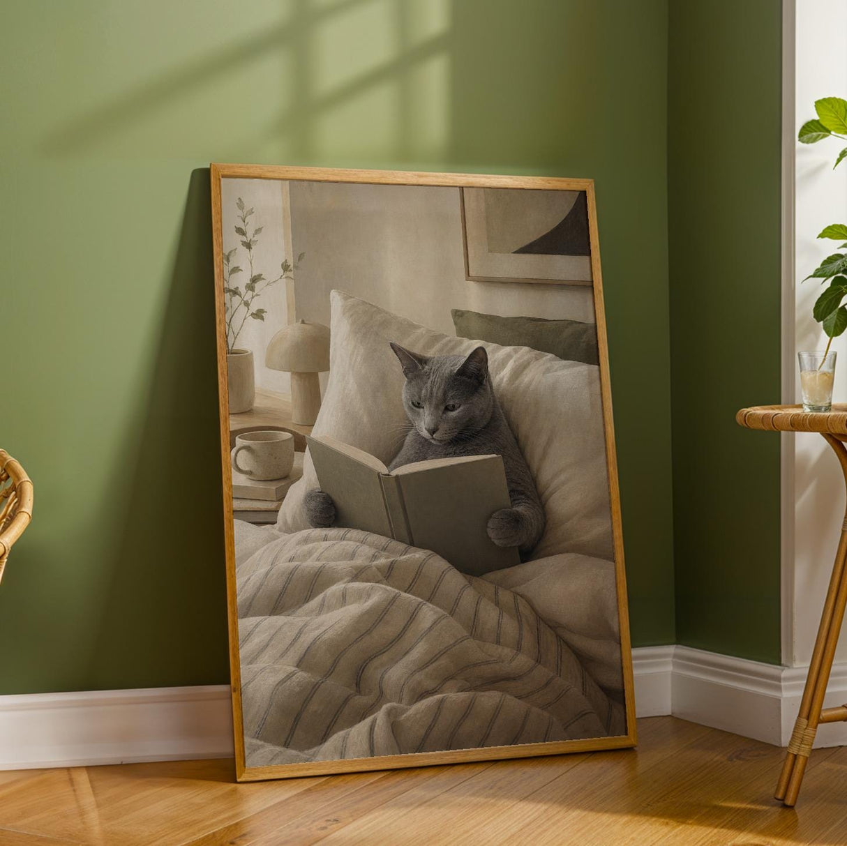 Russian Blue Cat Reading in Bed Poster | Modern Gouache Cat Wall Art | Warm Beige Neutral Decor | Cozy Minimalist Bedroom Print