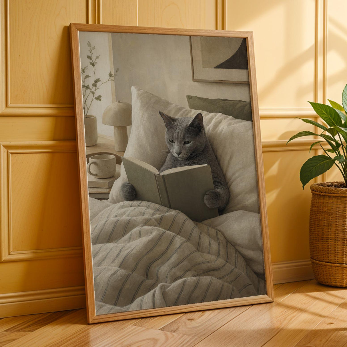 Russian Blue Cat Reading in Bed Poster | Modern Gouache Cat Wall Art | Warm Beige Neutral Decor | Cozy Minimalist Bedroom Print