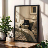 Bombay Cat Reading in Bed Poster | Modern Gouache Cat Wall Art | Warm Beige Oat Milk Decor | Cozy Minimalist Bedroom Print | Cat Lover Gift