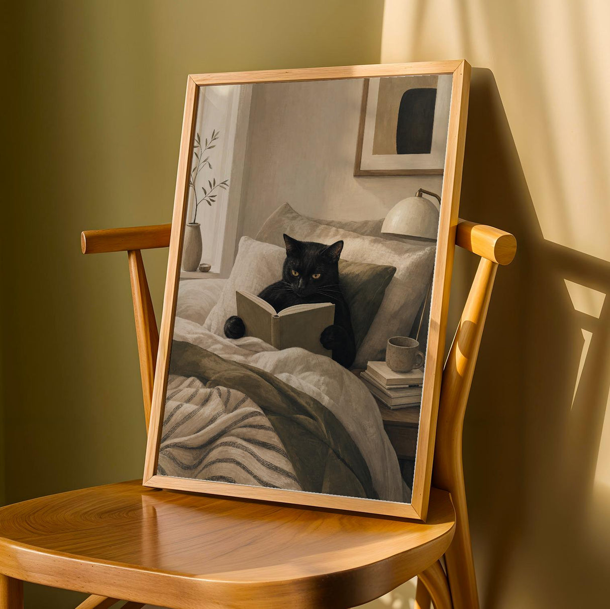 Bombay Cat Reading in Bed Poster | Modern Gouache Cat Wall Art | Warm Beige Oat Milk Decor | Cozy Minimalist Bedroom Print | Cat Lover Gift