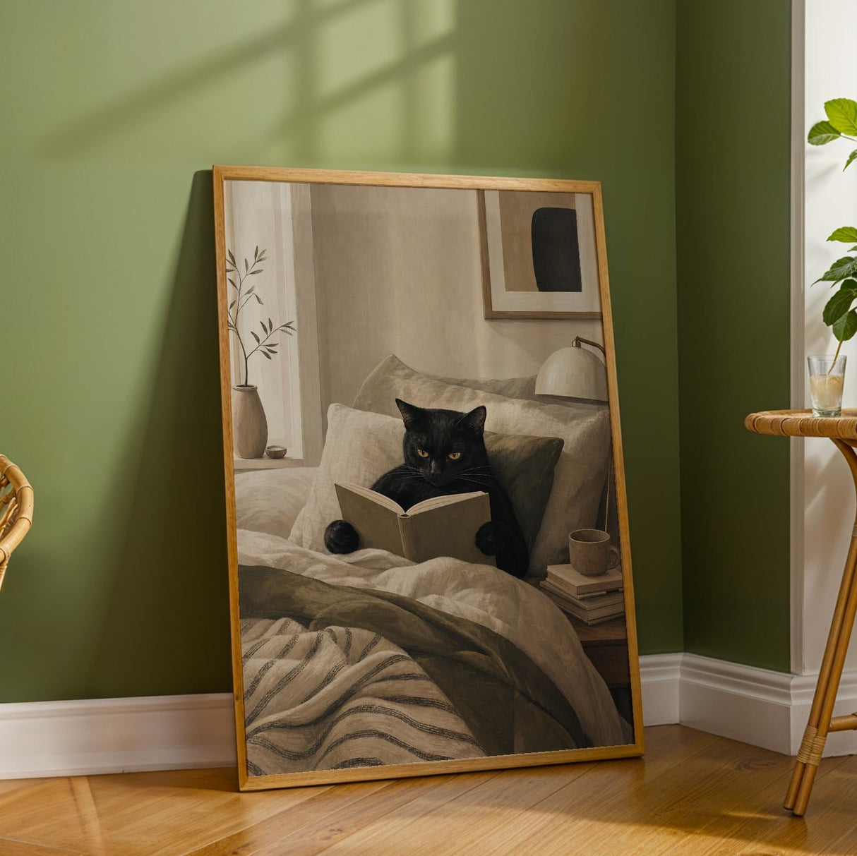 Bombay Cat Reading in Bed Poster | Modern Gouache Cat Wall Art | Warm Beige Oat Milk Decor | Cozy Minimalist Bedroom Print | Cat Lover Gift