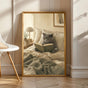 British Shorthair Cat Reading in Bed Poster | Scandinavian Gouache Cat Wall Art | Warm Beige Nordic Decor | Cozy Minimalist Bedroom Print