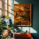 British Shorthair Reading in Armchair Poster | Retro Modern Cat Wall Art | Yellow Burnt Orange Decor | Cozy Mid Century Living Room Print