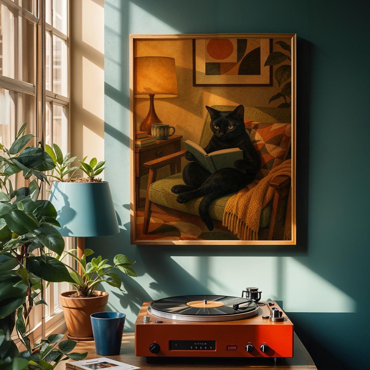 Bombay Cat Reading in Armchair Poster | Retro Modern Cat Wall Art | Yellow Decor | Cozy Mid Century Living Room Print | Cat Lover Gift