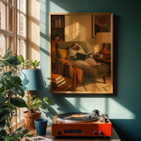 Ragdoll Cat Reading in Armchair Poster | Retro Painterly Cat Wall Art | Olive Green Burnt Orange Decor | Cozy Mid Century Living Room Print