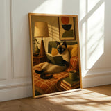 Siamese Cat Reading in Bed Poster | Modern Minimalist Cat Wall Art | Neutral Contemporary Living Room Print | Cozy Bedroom Home Decor