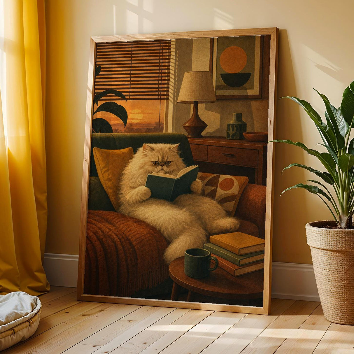 Persian Cat Reading in Armchair Poster | Retro Modern Cat Wall Art | Mustard Yellow Walnut Brown Decor | Cozy Mid Century Living Room Print